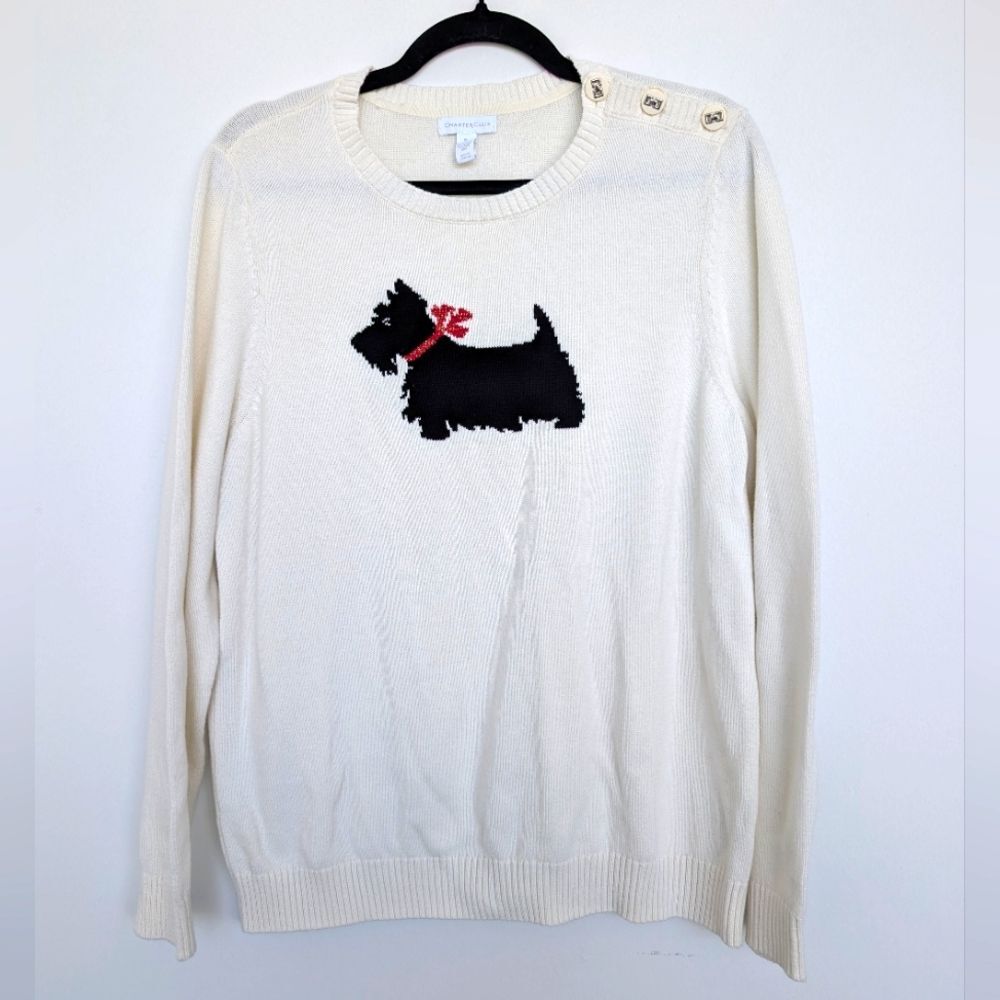 Crewneck Holiday Dog Graphic Knit Sweater w Button Details Sz XL Charter Club